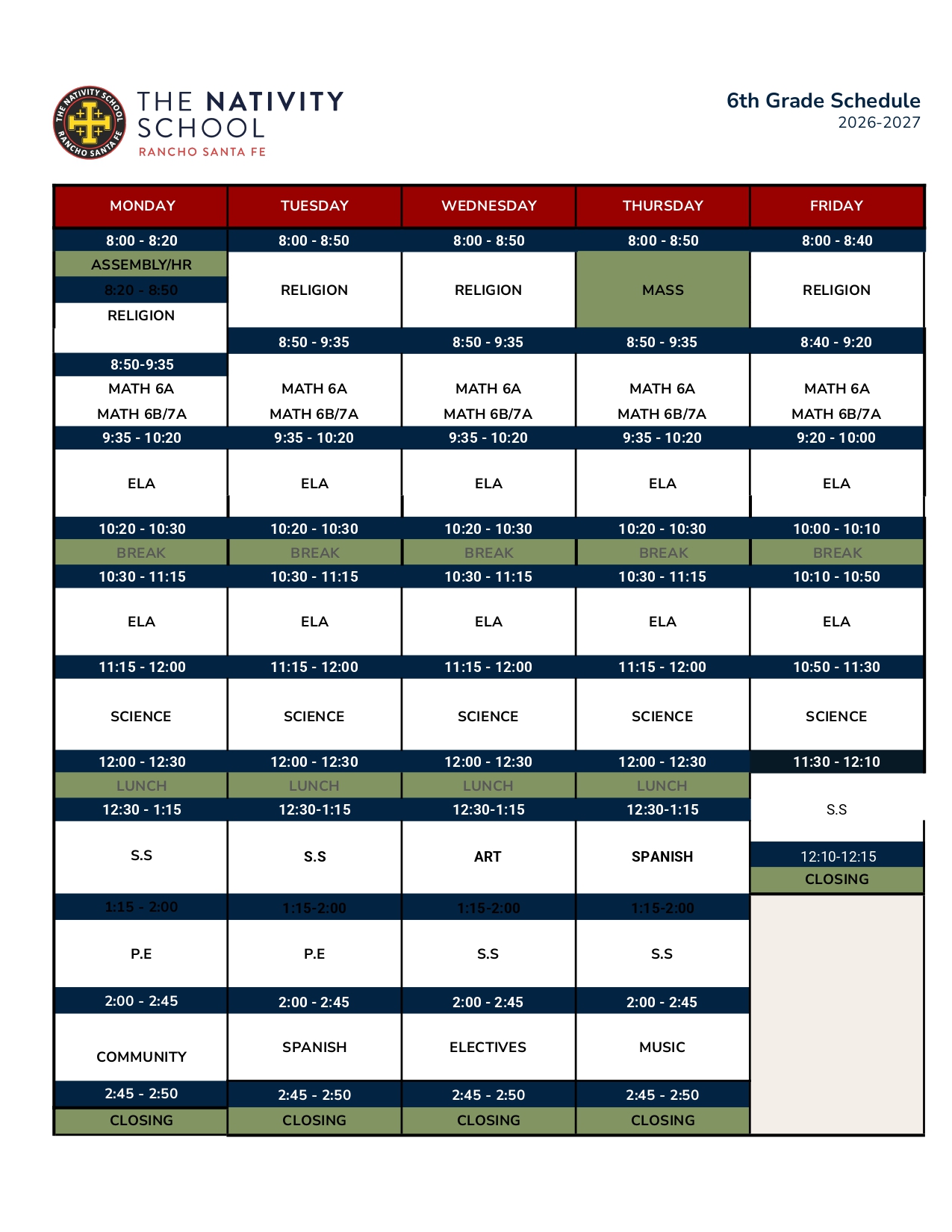 Grade 8 Schedule - MS Schedule-sm
