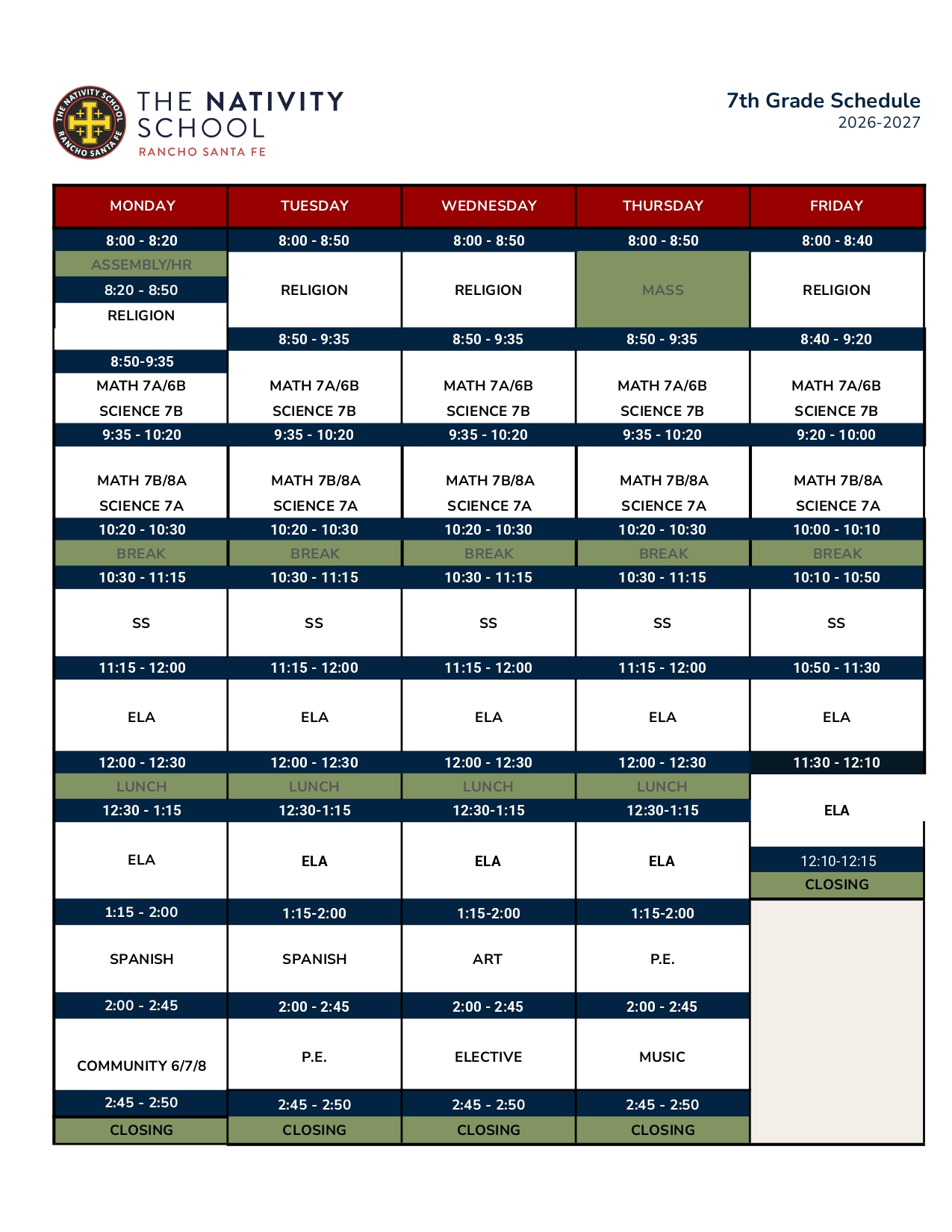 Grade 8 Schedule - MS Schedule-sm