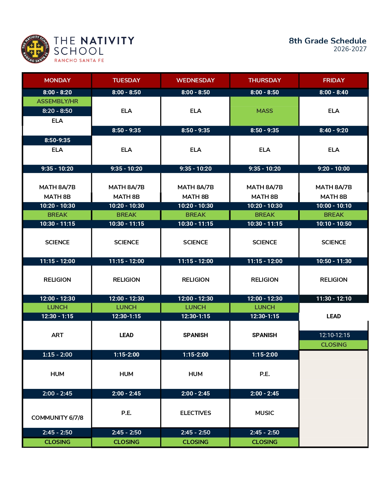 Grade 8 Schedule - MS Schedule-sm